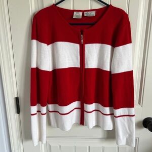 Kathie Lee Collection Red and White Zip Up Sweater Top
